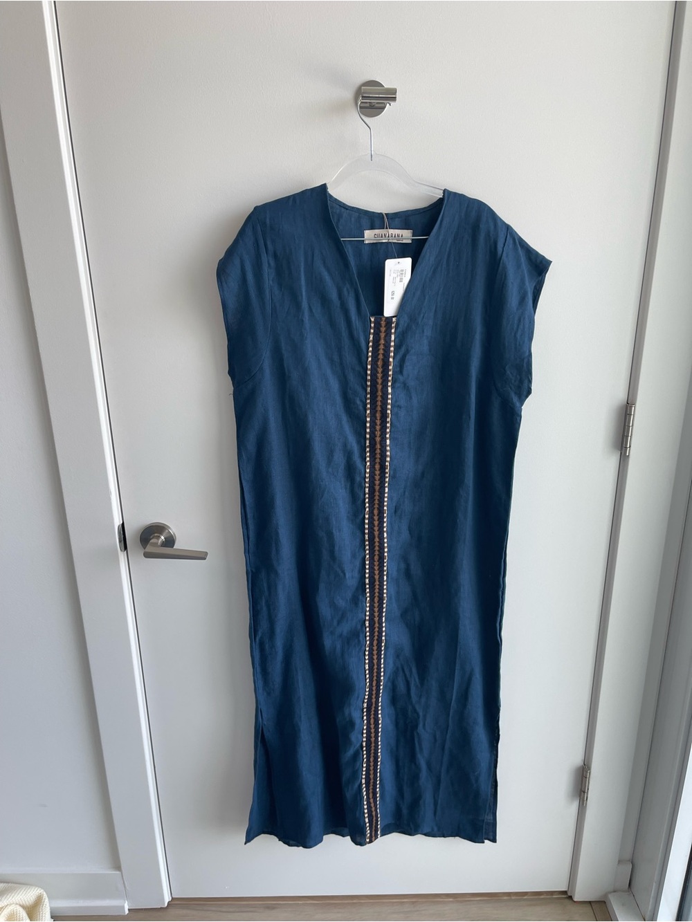 Guanabana Navy Embroidered Linen Shift Dress
